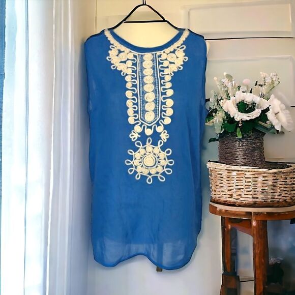 Banana Republic Top Sz 8 Gauzy Sheer Cotton Embroidery Sleeveless Zipper Blue. - Picture 16 of 16